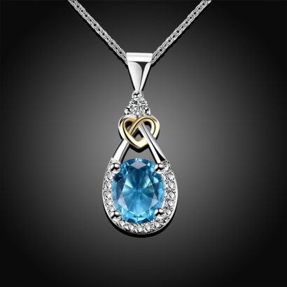 Heart and water drop necklace, plated with silver and inlaid with blue crystal