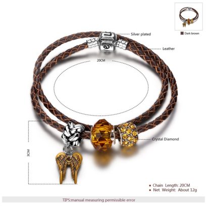 Special real cowhide bangle, inlaid with natural agate and champagne crystal diamond decorated with silver plated ornaments