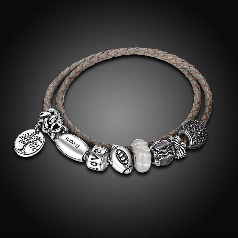 Special leather bangle, inlaid with crystal diamond plated with silver