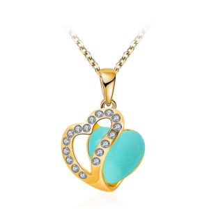 Heart necklace, plated with gold and inlaid with white crystals and a sky blue opal