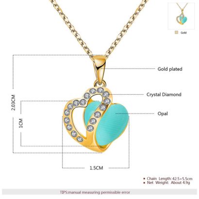 Heart necklace, plated with gold and inlaid with white crystals and a sky blue opal