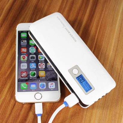 Power Bank 20000mAh Samsung 3 USB with Torch Light, white colors Envelope cover white leather