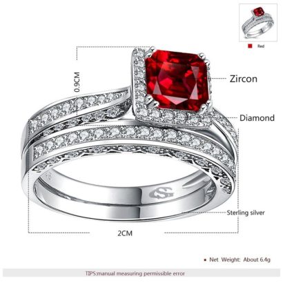 Luxurious silver 925 twins ring inlaid with red zircon and side white special crystals