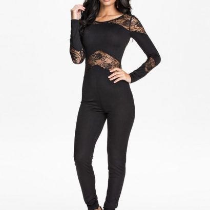Black Lace Insert Hollow-out Fashion Jumpsuit