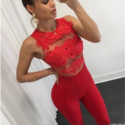 Red Lace And Wet Look Jumpsuit