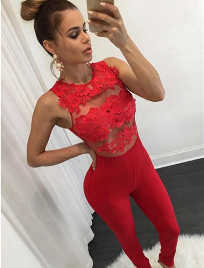 Red Lace And Wet Look Jumpsuit