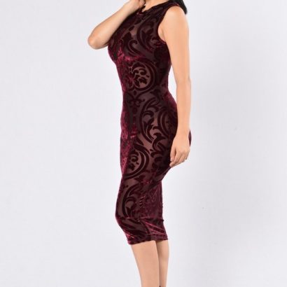 Dark red elegance printing semi perspective dress