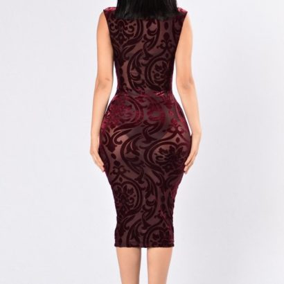 Dark red elegance printing semi perspective dress